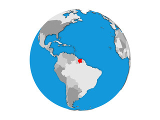 Fototapeta premium Suriname on blue political 3D globe. 3D illustration isolated on white background.