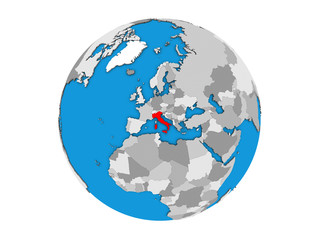Italy on blue political 3D globe. 3D illustration isolated on white background.