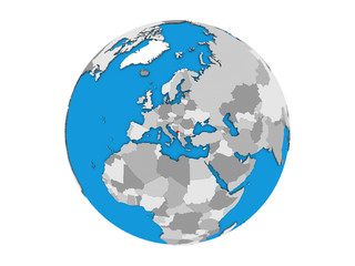 Montenegro on blue political 3D globe. 3D illustration isolated on white background.