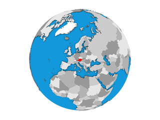 Austria on blue political 3D globe. 3D illustration isolated on white background.