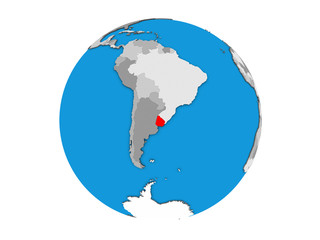 Uruguay on blue political 3D globe. 3D illustration isolated on white background.