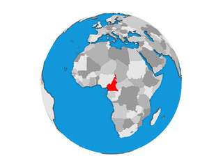 Cameroon on blue political 3D globe. 3D illustration isolated on white background.