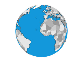 Gambia on blue political 3D globe. 3D illustration isolated on white background.