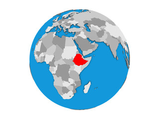 Ethiopia on blue political 3D globe. 3D illustration isolated on white background.