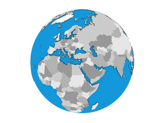 Lebanon on blue political 3D globe. 3D illustration isolated on white background.