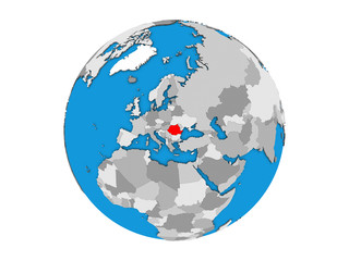 Romania on blue political 3D globe. 3D illustration isolated on white background.