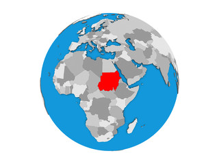Sudan on blue political 3D globe. 3D illustration isolated on white background.