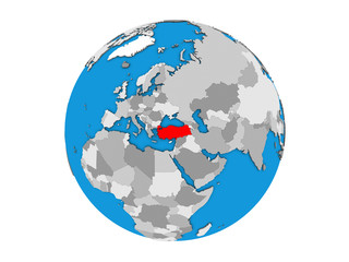 Turkey on blue political 3D globe. 3D illustration isolated on white background.