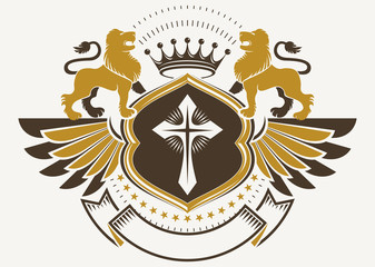 Heraldic Coat of Arms decorative emblem isolated vector illustration with wild lions, religious cross and royal crown.