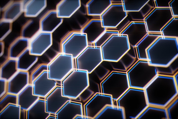 Black abstract hexagon background, 3d rendering honeycomb background with bright edges.