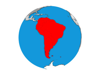 South America on blue political 3D globe. 3D illustration isolated on white background.