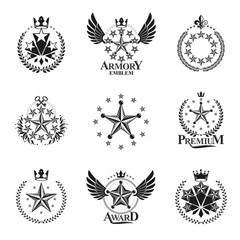 Stars emblems set. Heraldic Coat of Arms decorative logos isolated vector illustrations collection.