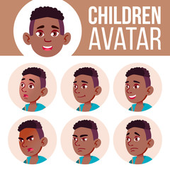Boy Avatar Set Kid Vector. Black. Afro American. High School. Face Emotions. High, Child Pupil. Small, Junior. Cartoon Head Illustration