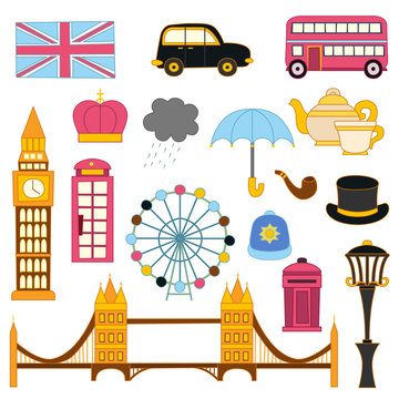 Vector London flat cartoon icons isolated on background