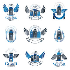 Ancient Fortresses emblems set. Heraldic Coat of Arms, vintage vector logos collection.