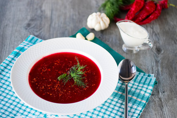 Borsch. Red soup. Dsh of Slavic, Russian, Ukrainian cuisine.