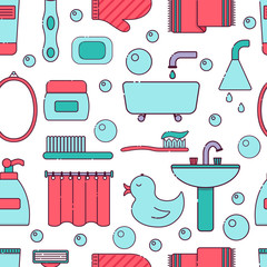 Vector illustration with flat line cartoon bathroom background