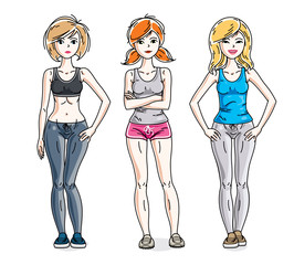 Happy pretty young women standing in stylish sportswear. Vector diversity people illustrations set.