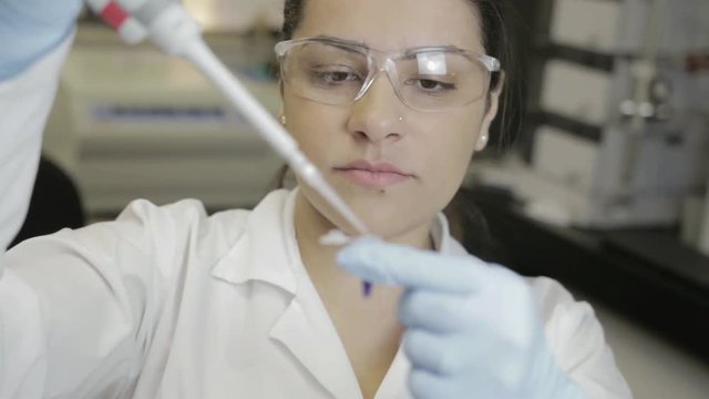 A handheld shot of a researcher transfering samples to smaller vials in a genetic laboratory at university 