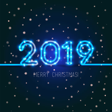 2019 Merry Christmas design. Vector neon figures with lights. Greeting card background. Happy new year 2019 sign.