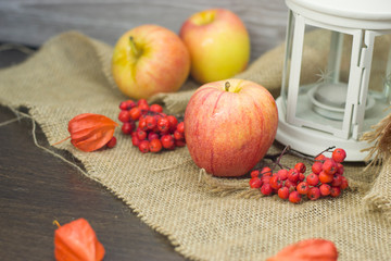 Red Rowan berries and apples and orange physalis and a white lantern on a burlap and a wooden table.