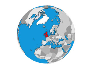 British Isles on blue political 3D globe. 3D illustration isolated on white background.