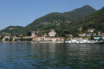 View of Laveno Mombello on lake Maggiore in province of Varese, Italy