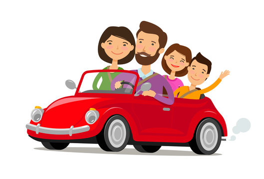 Happy family travelling by car. Journey, travel concept. Cartoon vector illustration