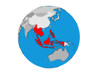 ASEAN memeber states on blue political 3D globe. 3D illustration isolated on white background.