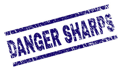 DANGER SHARPS seal print with scratced style. Blue vector rubber print of DANGER SHARPS caption with scratched texture. Text caption is placed between parallel lines.