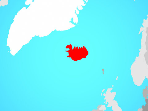 Iceland on blue political globe.