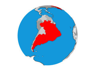 Mercosur memebers on blue political 3D globe. 3D illustration isolated on white background.