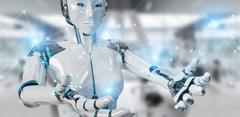 White woman robot using digital network connection 3D rendering