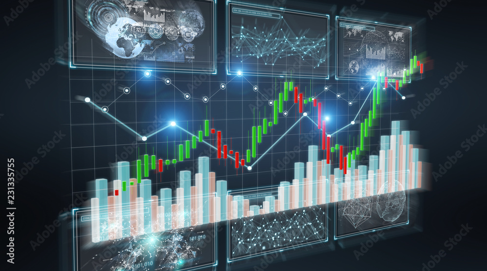 Poster 3D rendering stock exchange datas and charts illustration