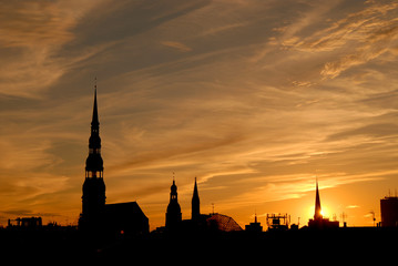 Picturesque sunset over old Riga city, Latvia