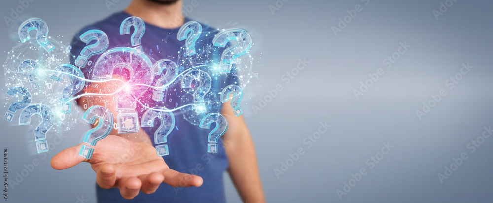 Poster businessman solving problem with digital question marks 3d rendering