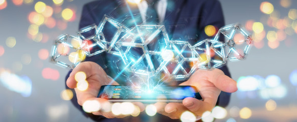 Businessman using digital blue Blockchain 3D rendering