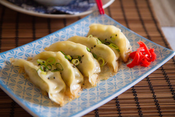 Pan-fried gyoza(dumplings) on a blue sky colour plate with red ginger pickle