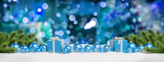 Blue christmas baubles and gifts lined up 3D rendering