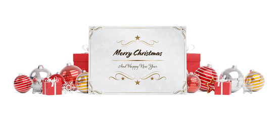 Christmas card greetings laying on red baubles isolated 3D rendering