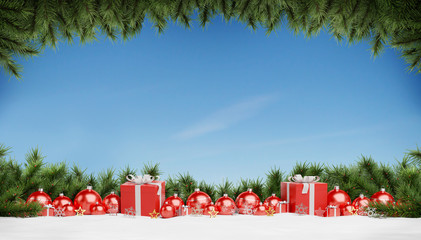 Red christmas baubles and gifts lined up 3D rendering