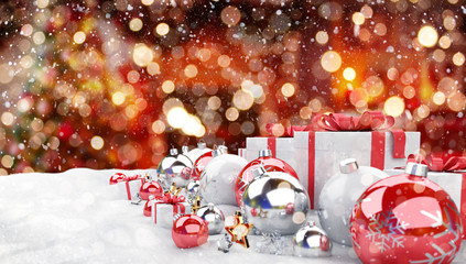 Red christmas baubles and gifts background 3D rendering