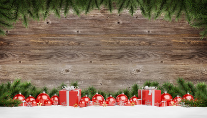 Red christmas baubles and gifts lined up 3D rendering