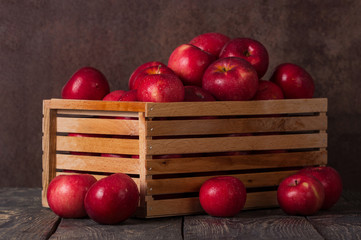 Wooden box full of apples in drops of water on dark