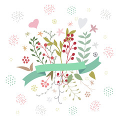 Beautiful vector abstract floral spring bouquet with leaves, berries, florwers, fireworks and ribbon in gentle colors isolated on white background. Cute botanical illustration for banner design.