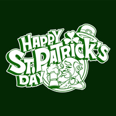Hand-drawn typographic design lettering with clover and leprechaun for St.Patrick`s Day.  Irish celebration design. Beer festival lettering typography icon. Vector illustration can be used for post 