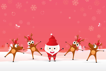 Santa Claus cartoon character and reindeer celebrating for Christmas time with snowflakes background. Vector illustration Merry Christmas and Happy New Year.