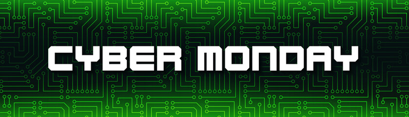 Cyber Monday. White text on green printed circuit board. Promotional banner illustration in vecor.
