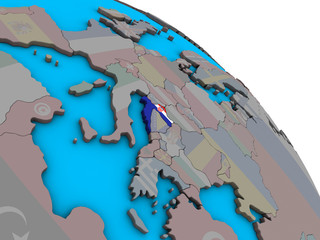 Croatia with embedded national flag on simple blue political 3D globe.
