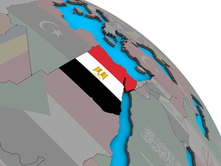 Egypt with embedded national flag on simple blue political 3D globe.